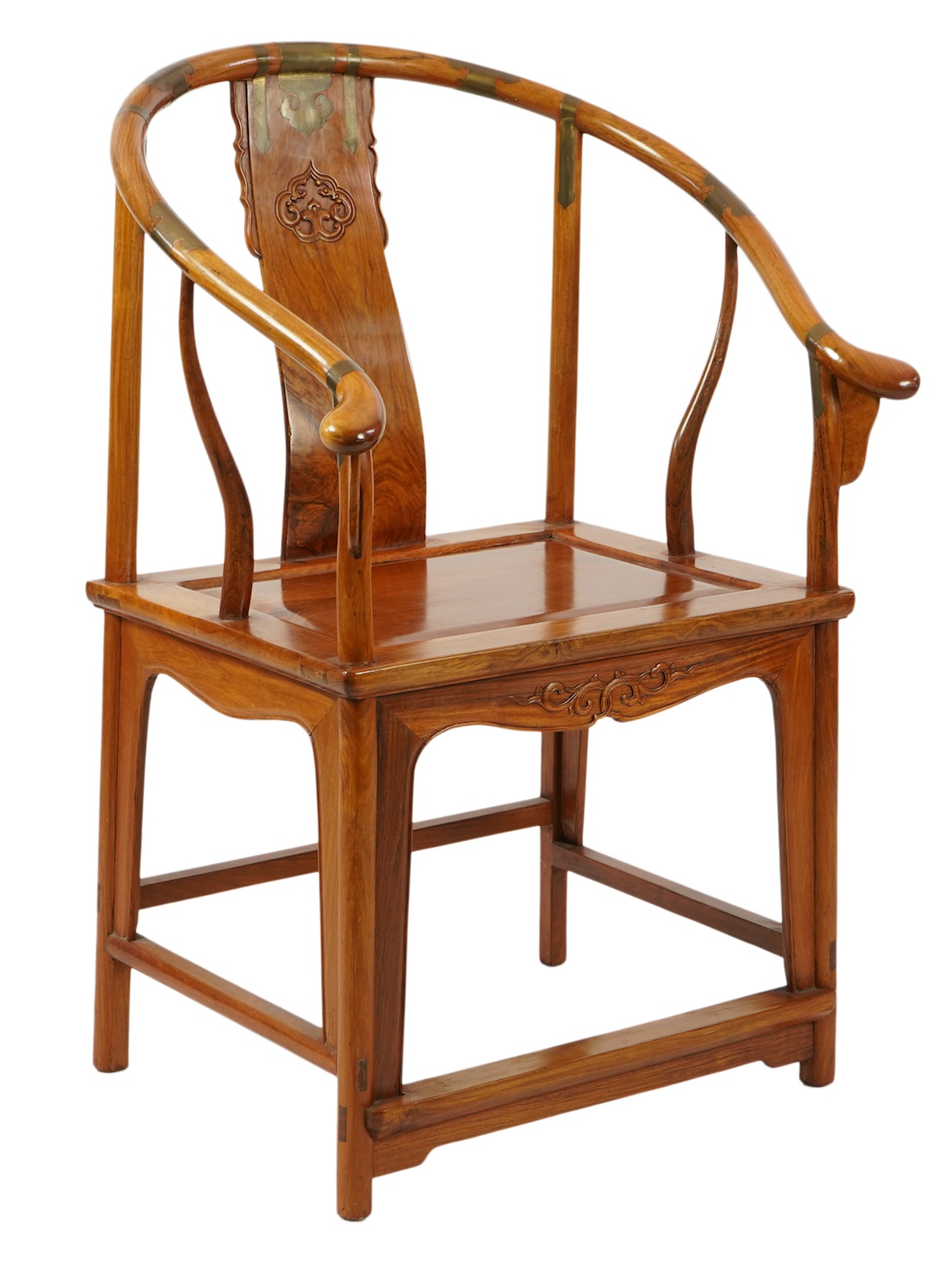 A Chinese huanghuali and brass mounted horseshoe-back armchair, quanyi, late 19th century